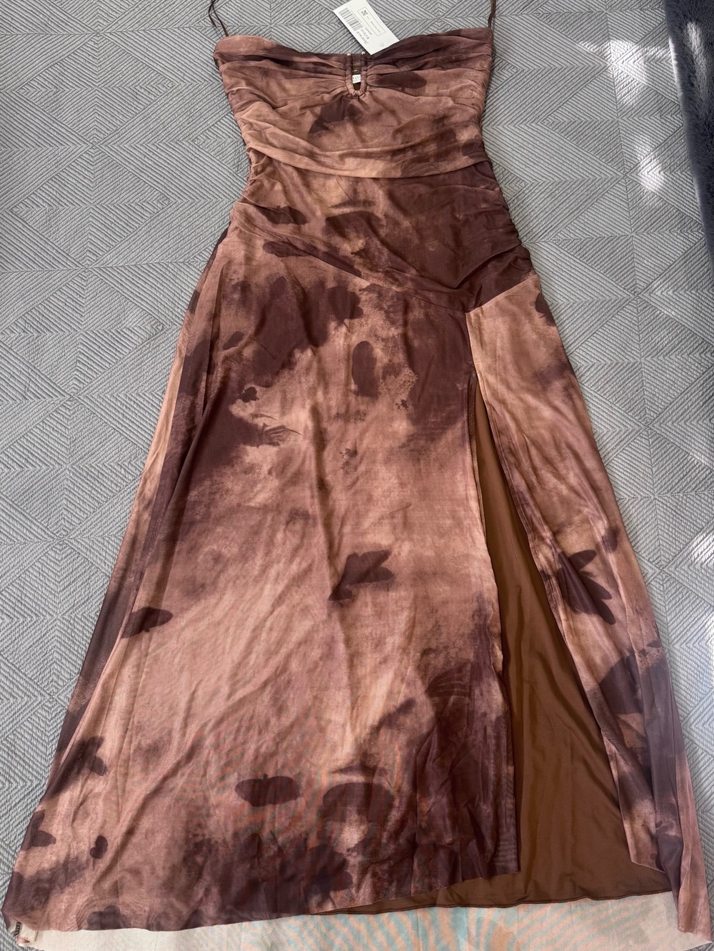 12th Tribe Strapless Brown Midi Dress with Thigh Slit NWT - Picture 4 of 6